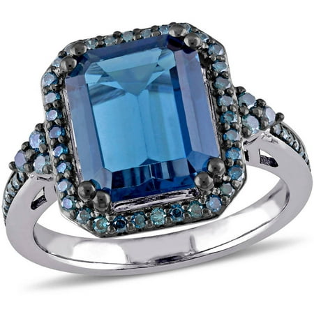 Tangelo 3/8 Carat T.W Blue Diamond and 5-1/5 Carat T.G.W. Blue Topaz 14kt Blue Rhodium-Plated White Gold Halo Ring