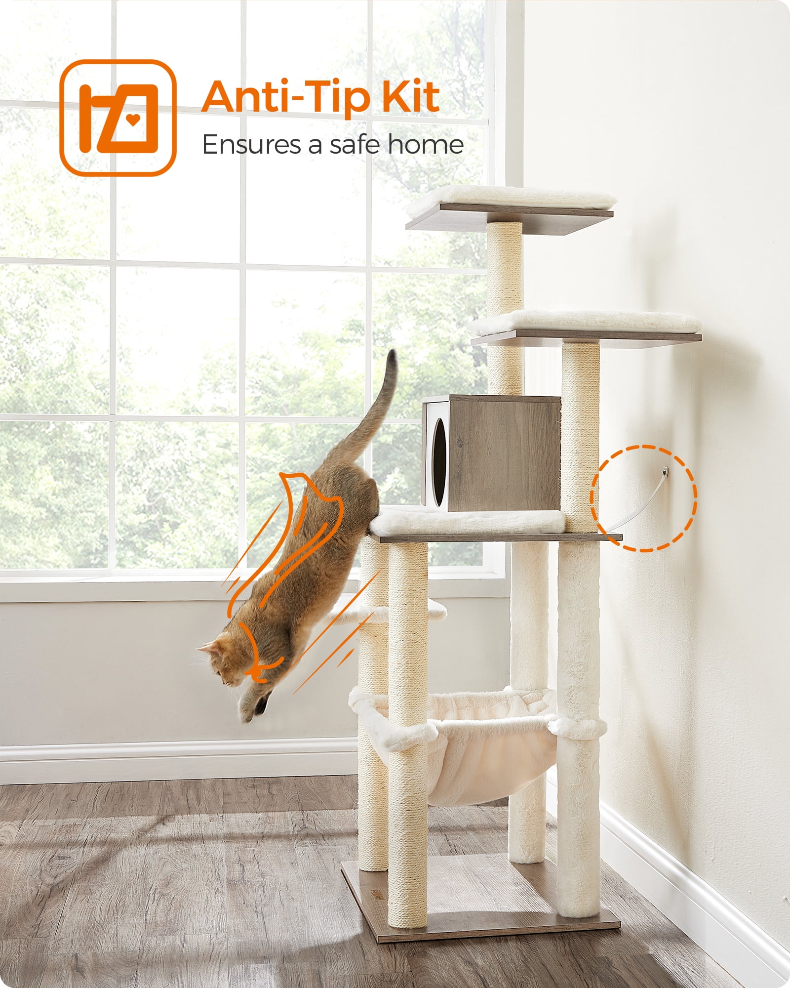 Cat Tree, 54.3-Inch Cat Tower with Scratching Posts, Hammock, Cat Cave, Padded Perches, Wooden Cat Condo, Heather Greige