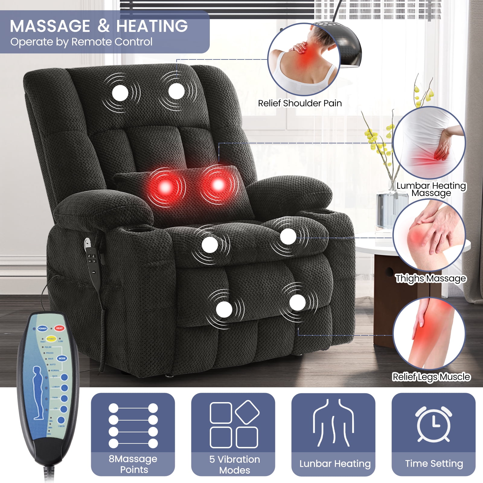 Oversized Power Lift Recliner Chair for Adults with Massage and Heat, Infinite Position Lay Flat Lift Chair for Elderly/Seniors, One-Touch Reset, USB&Type-C, Cup Holders, Lumbar Pillow, Dark Grey