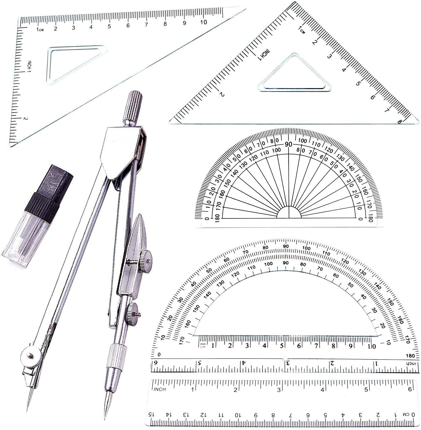 6 Pcs Silver Geometry School Set,with Quality Compass Set Squares 