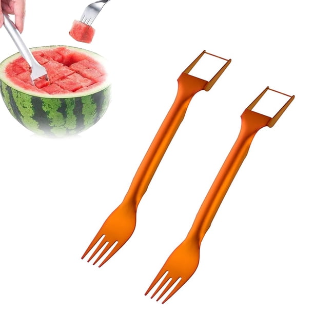 2 uds 2 en 1 cortador de frutas de acero inoxidable tenedores de sandía portátiles