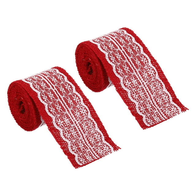 Unique Bargains 2.4' Wide 2.2 Yards Burlap Ribbon White Lace Roll Wrapping Fabric Crafts Roll Red 2 Pack