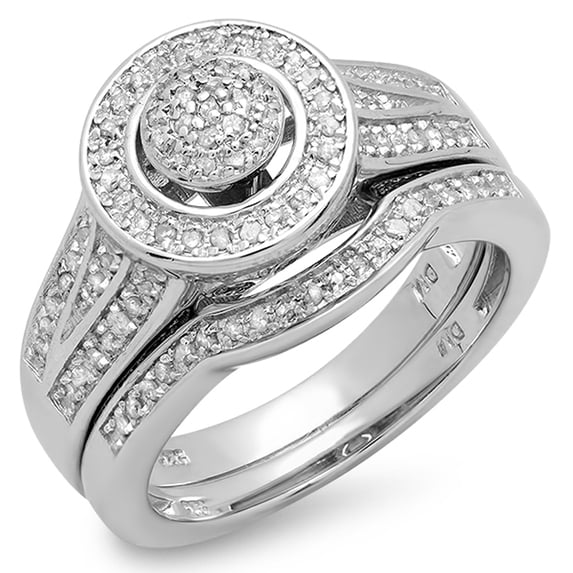 0.50 Carat (ctw) Sterling Silver White Diamond Round Ladies Bridal Engagement Ring Set 1/2 CT