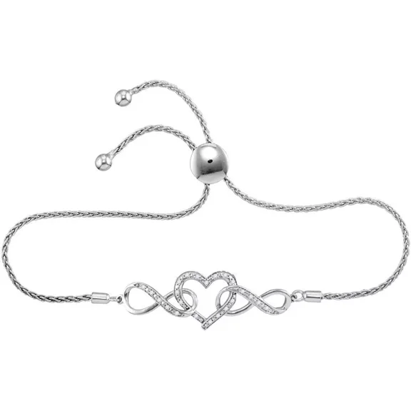 Women's Infinity Heart Bolo Bracelet with 1/6 Cttw Round Cubic Zirconia, 14k White Gold Over Sterling Silver, Adjustable Gift Jewelry