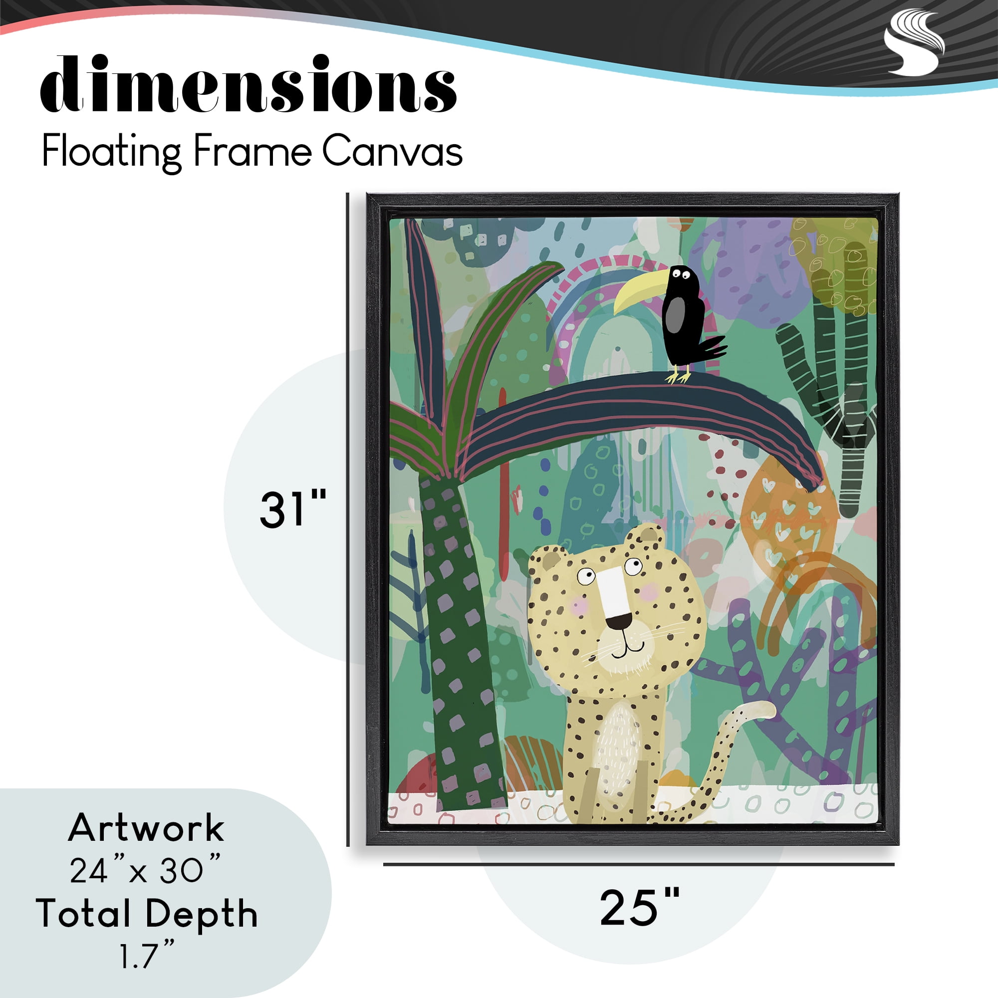 Jungle Cheetah & Toucan Black Framed Floater Canvas Wall Art, design by Carla Daly