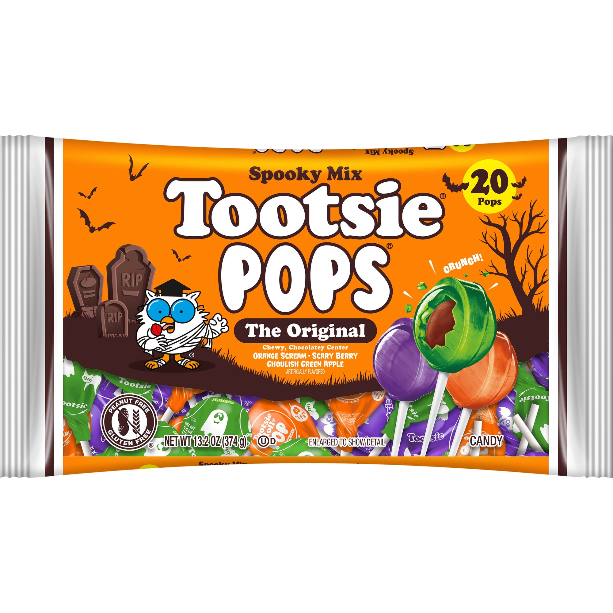 Tootsie Pops Halloween Lollipops Individually Wrapped 13.2 oz. Peanut Free and Gluten-Free. Contains Milk and Soy.