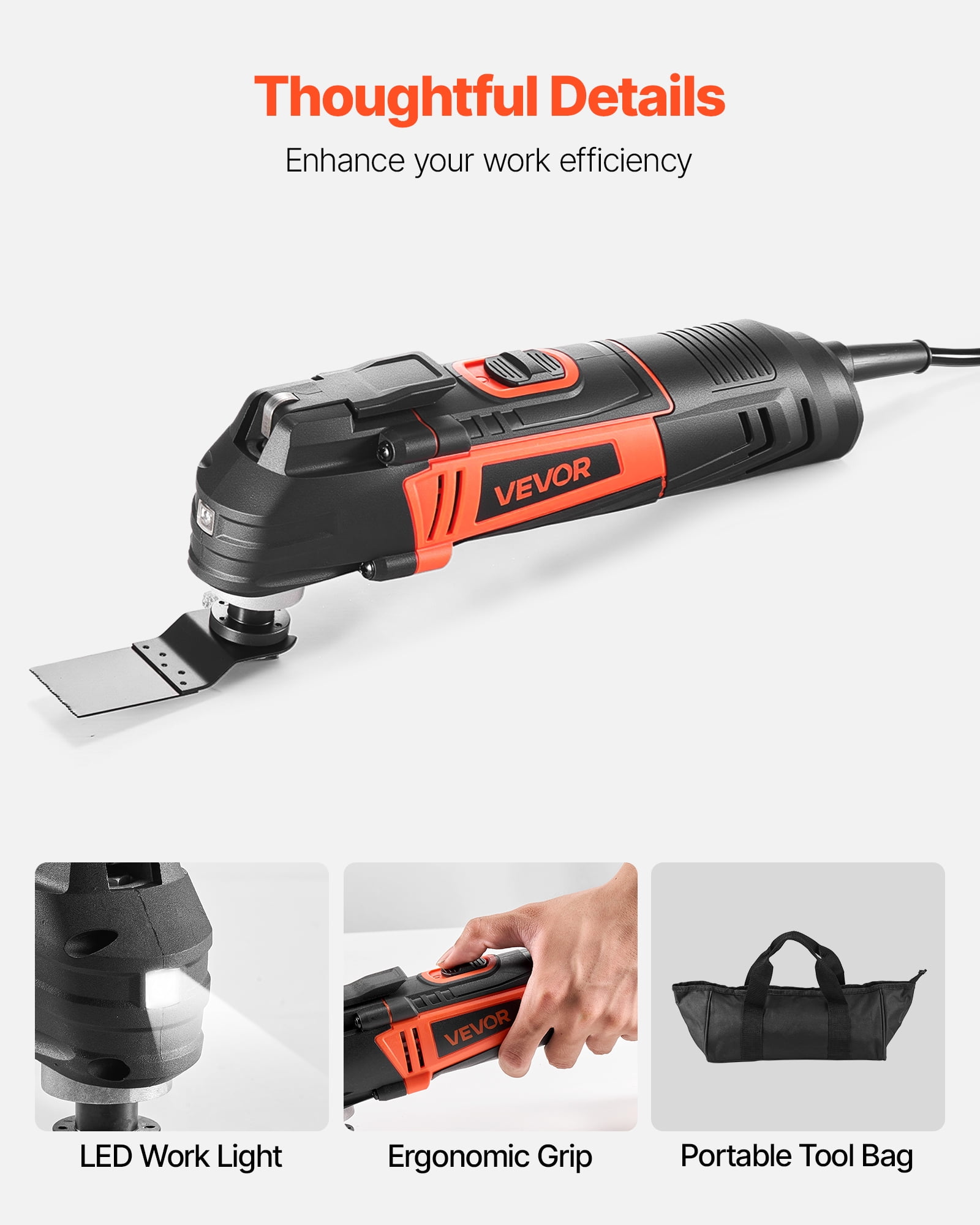 VEVOR Multitool Oscillating Tool, 3Amps Corded Oscillating Multi Tool with 6 Variable Speeds 15000 - 22000 OPM, 3.2° Oscillating Angle, 13PCS Saw Accessories, LED Work Light & Tool Bag