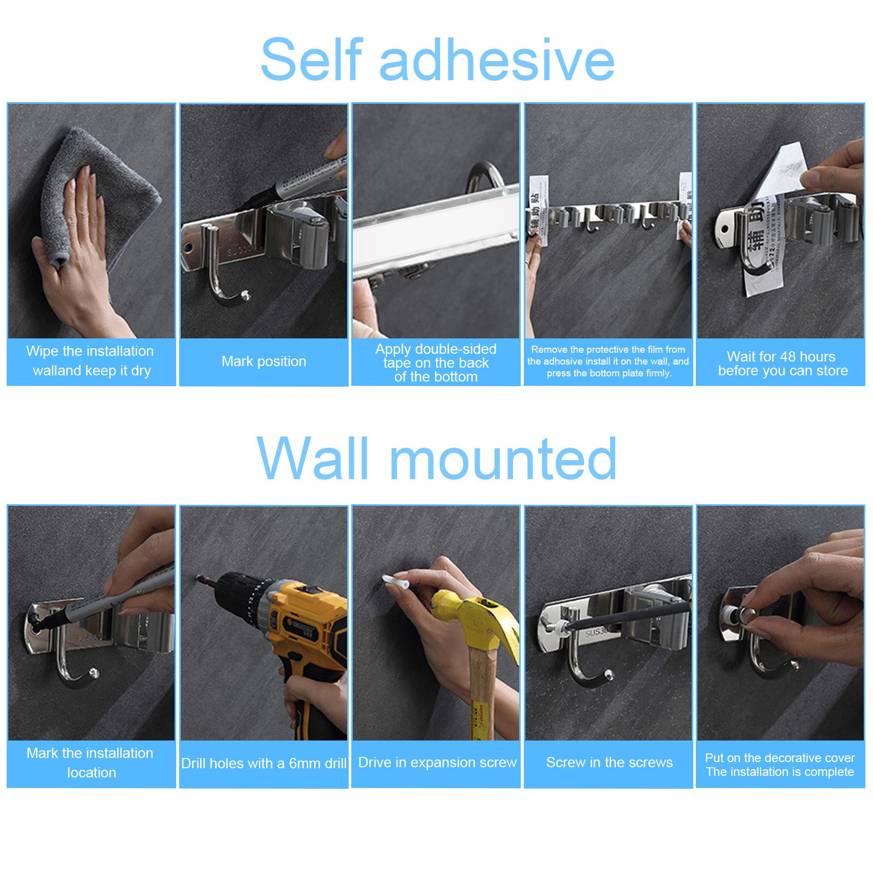 Yoleto 2-Pack Stainless Steel Mop and Broom Holder Wall Rack photo 4