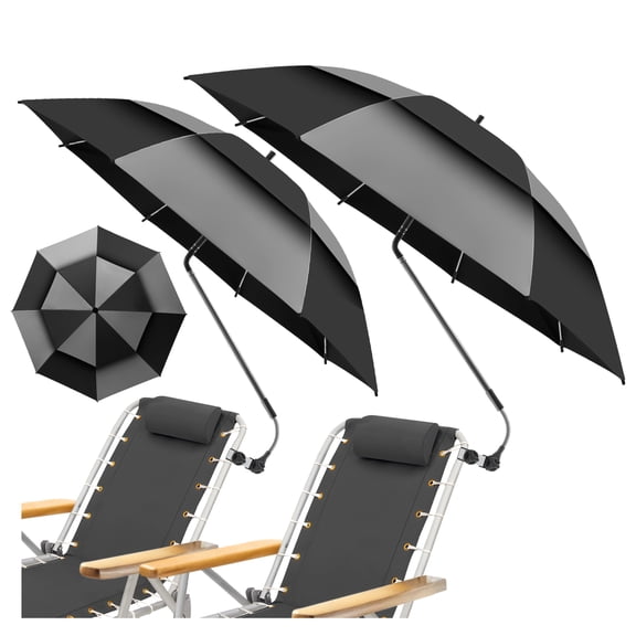 2 Pack 48.6" Double Canopy Umbrella with Clamp, UPF50  Beach Chair Umbrella with clip, 360°Adjustable Portable Outdoor Wheelchair, Patio, Golf Carts,Camping(Grey / Black, Not Include Chair)