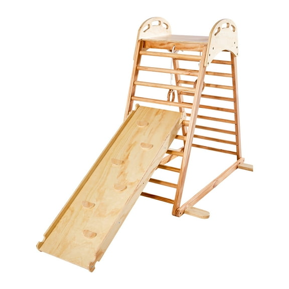 KFFKFF Indoor Wooden Playground Jungle Gym, 4-in-1 Climbing Playset for Kids, Montessori Toddler Activity Set with Rock Climber, Slide, Wooden Ladder & Gym Rings, 220 lbs Capacity