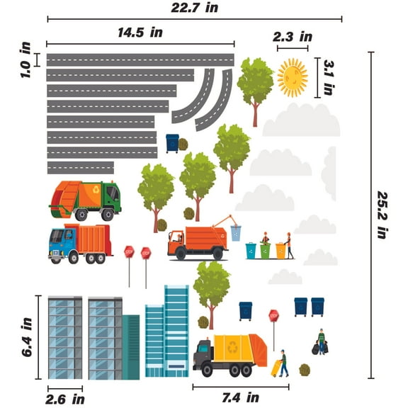 THE CITY - Stick & Peel Home Bedroom Vinyl Decoration City Trash Truck Design Adhesive Wall Decal Sheet - Removable Kids Bedroom DIY Build A Trash Collection Scene Wall Decor Sticker 22.7" x 25.2"