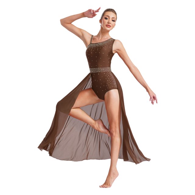 Yartina Robe Maxi Fendue Sans Manches de Danse Lyrique Scintillante en Strass pour Femme, Danse Moderne, Brun, m