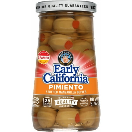 Early California Pimiento Stuffed Manzanilla Olives, 5.75 oz Jar. Major Allergens Not Contained.