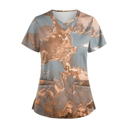 

BEBUTTON Womens Scrubs Plus Size V Neck Short Sleeve Tops Loose Printed Work Uniform Shirts with Pocket Brown S