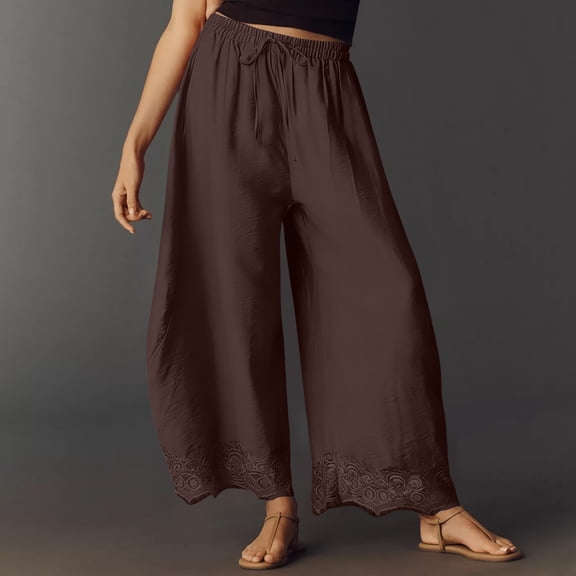 Dwellite Lace Trim Wide Leg Pants for Women 2026 Spring Summer Cropped Lightweight Casual Pants Coffee S