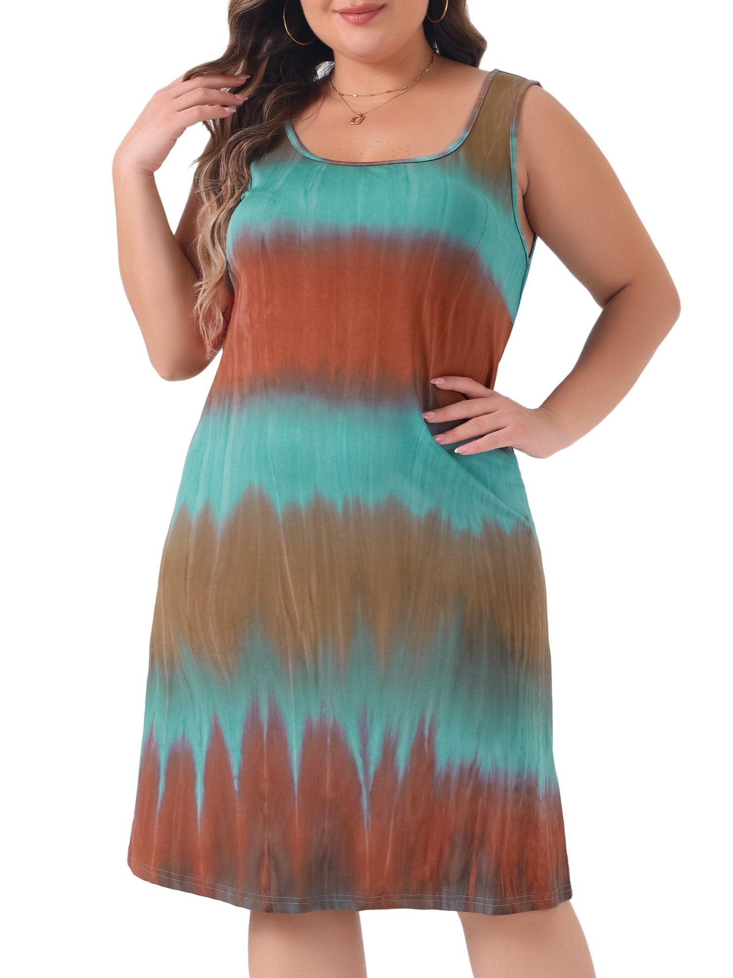DARING DIVA Plus Size Tie Dye Sleeveless Sundress Casual Tank Dress 2X Blue Brown