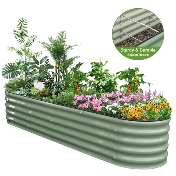 Hoofun Raised Garden Bed Kit 8ft x 2ft x 17in Oval Metal Rust Resistant Outdoor Planter with 6 Support Bars Olive Green