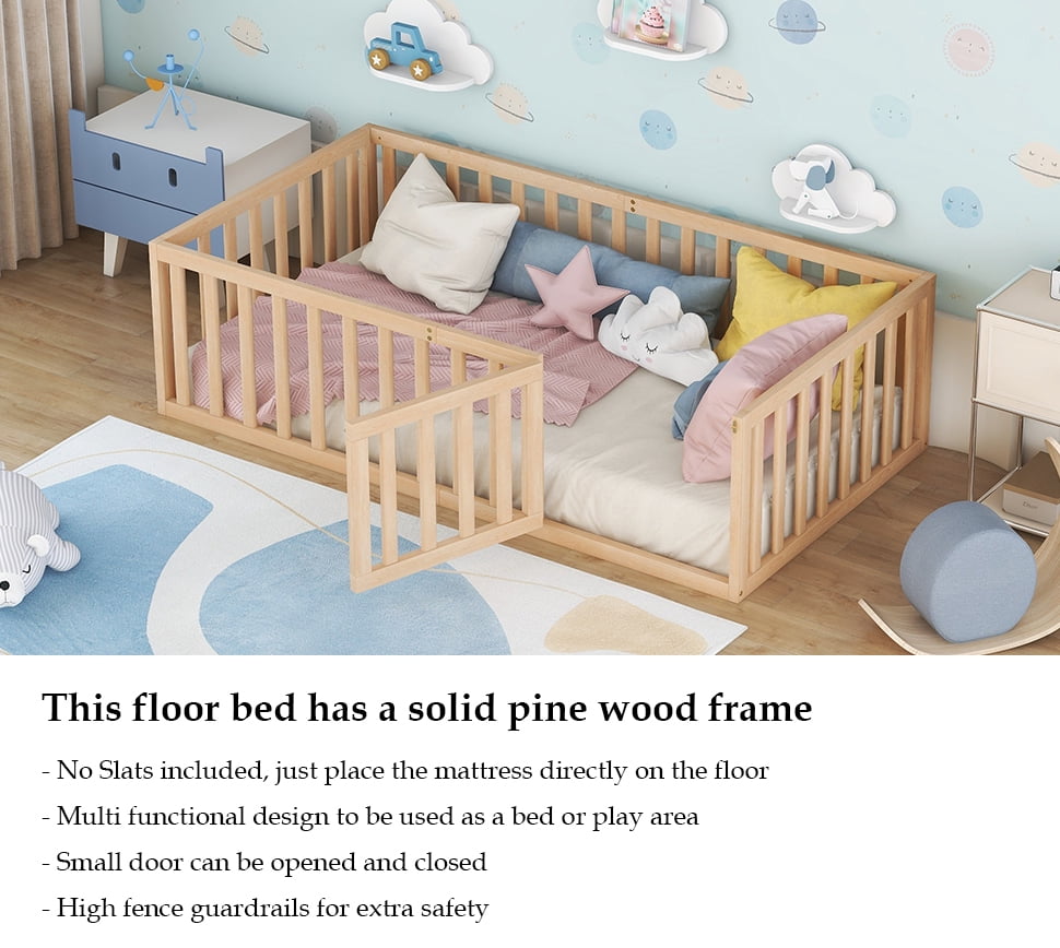 Bellemave Twin Size Floor Bed with Fence and Door, Wood Montessori Bed Frame, Floor Bed Frame, Slats Not Included (Twin, Natural)