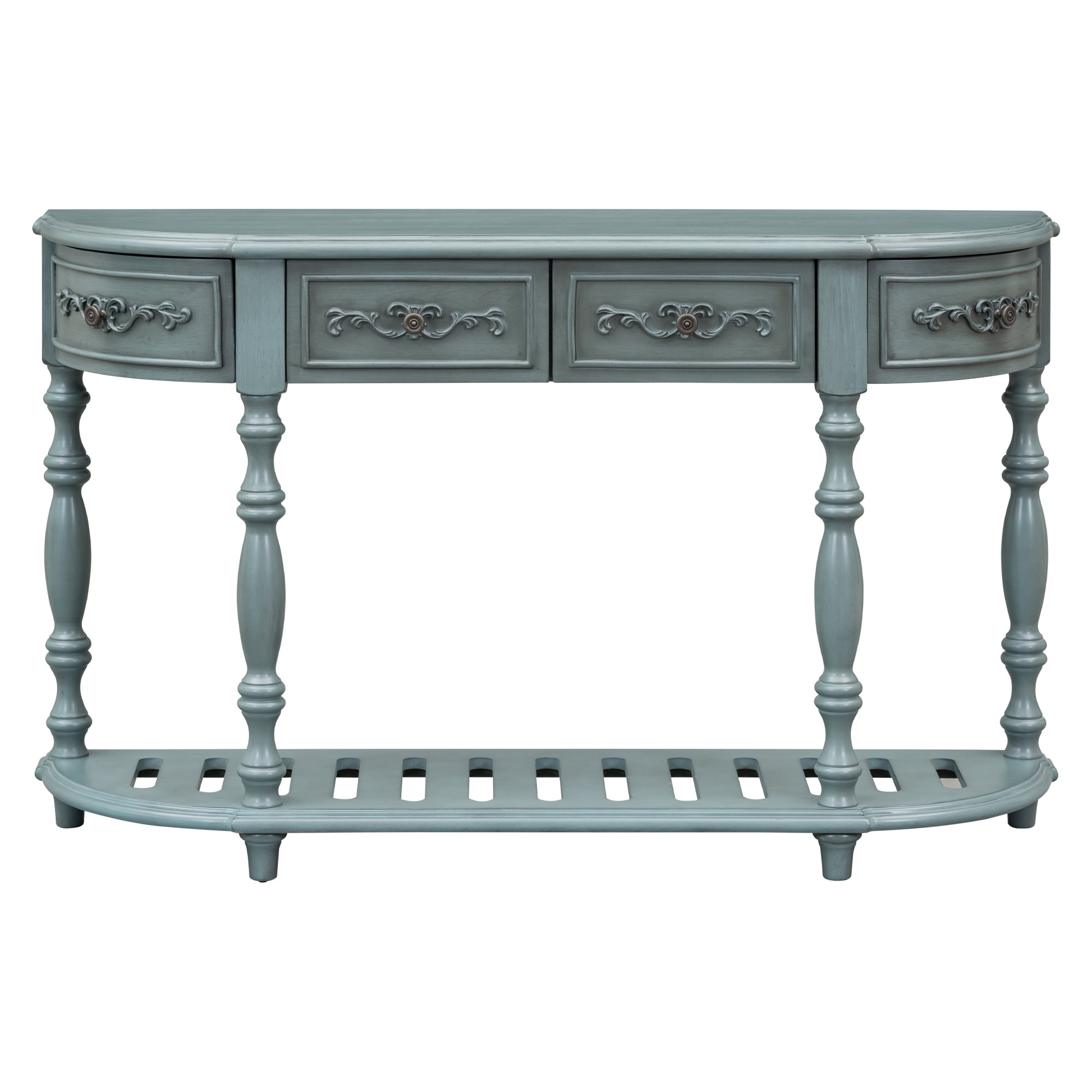 EUROCO 52" Longer Curved Console Table, Half Moon Sofa Table Entry Table with 4 Drawers,1 Open Shelf and Solid Wooden Frame for Living Room,Entryway,Hallway,Antique Blue
