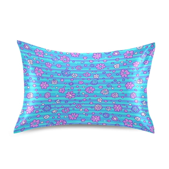 Haosy Satin Pillowcase for Hair and Skin Standard Cooling Silk Pillow Case with Envelope Closure Blue Stripes with Cute Flowers 20"x26"