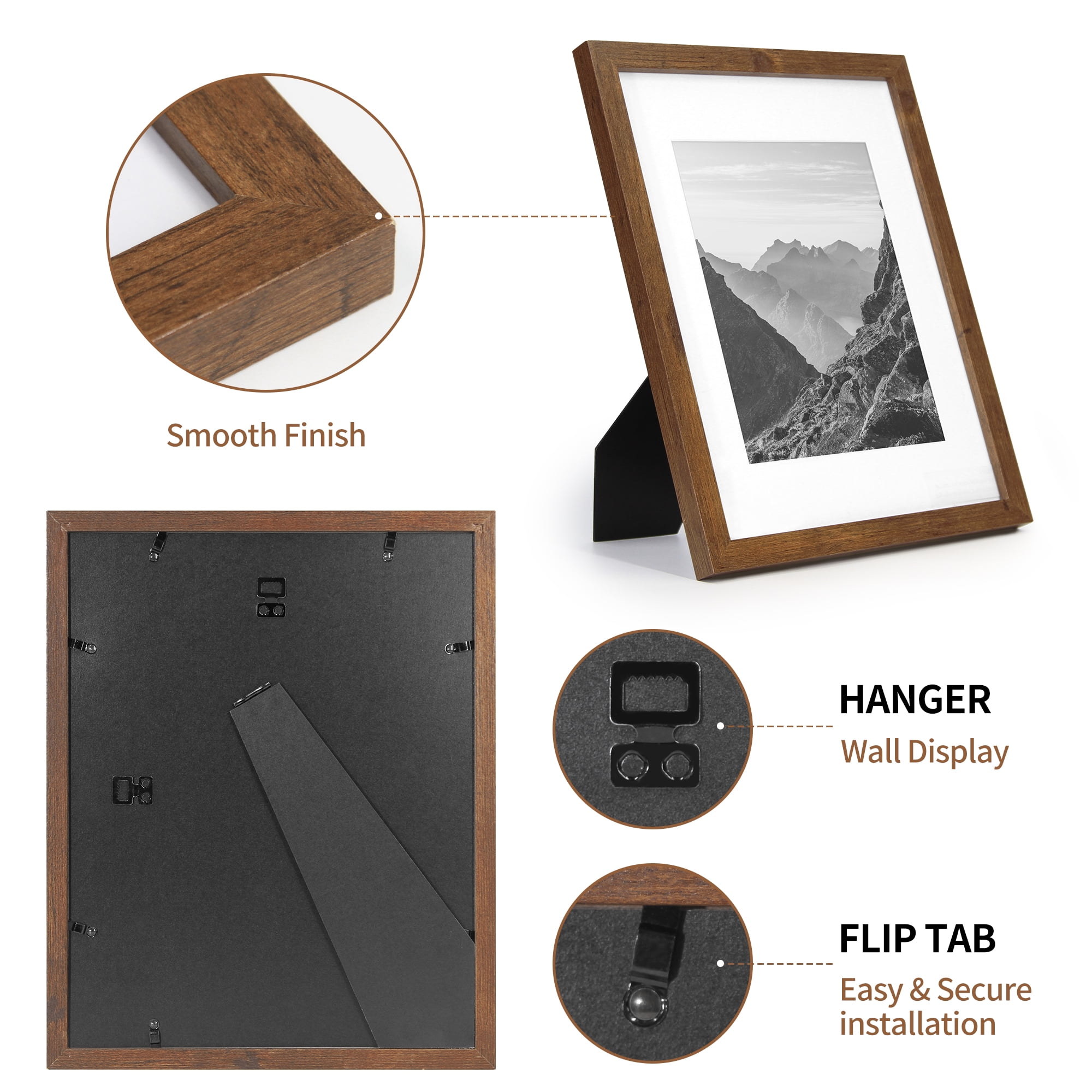 Afuly 11x14 Picture Frame with Mat, Wooden Frames for 11x14 8x10 Photos Display, Modern Walnut Photo Frame Set for Wall and Tabletop, Gifts for Mom Dad Grandma Family Friends, Set of 2