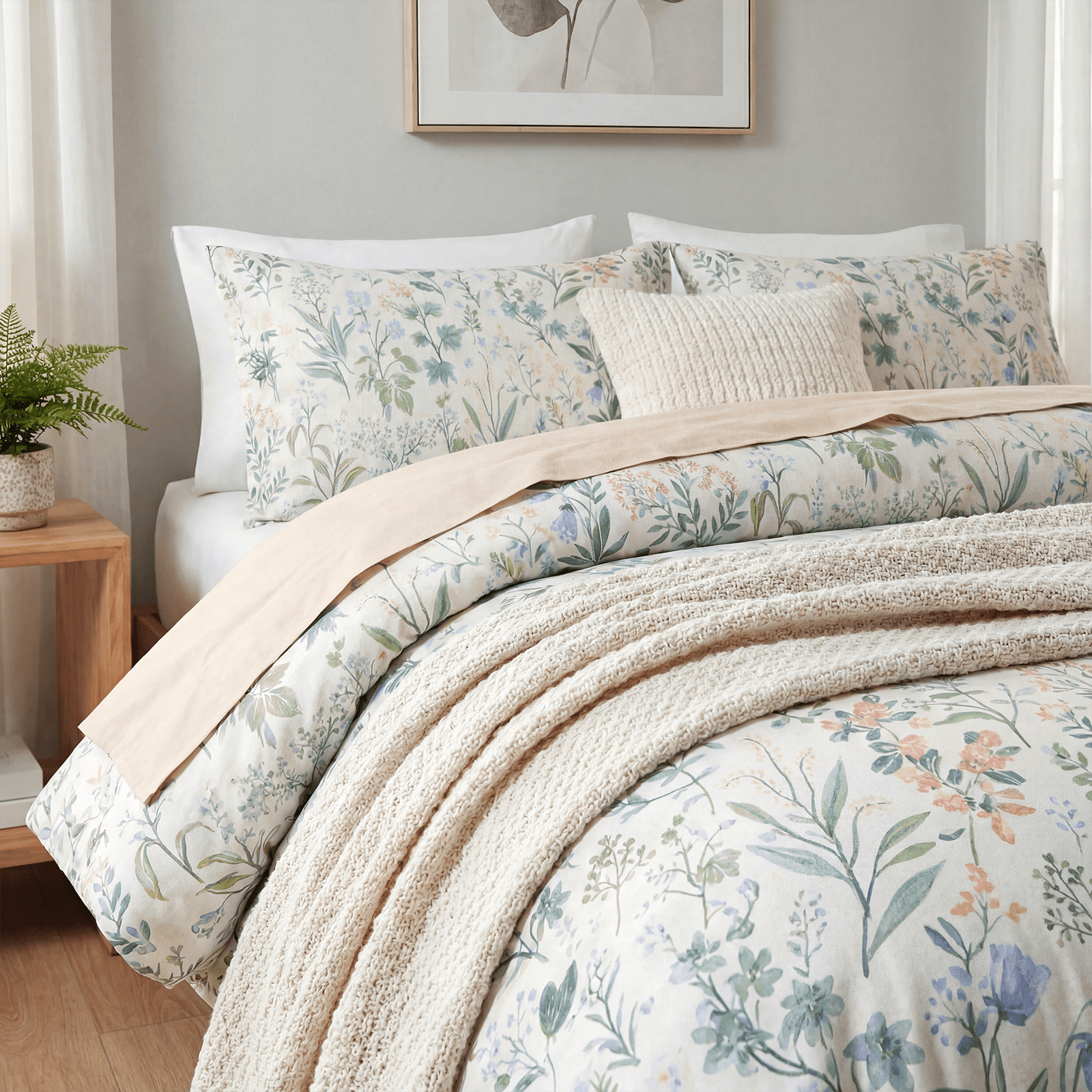 Duvet Cover 100% Cotton Comforter Cover Green Floral Breathable Duvet Cover with Zipper Closure & Corner Ties 3 Pcs Green Fragrant Grass Duvet Cover Set