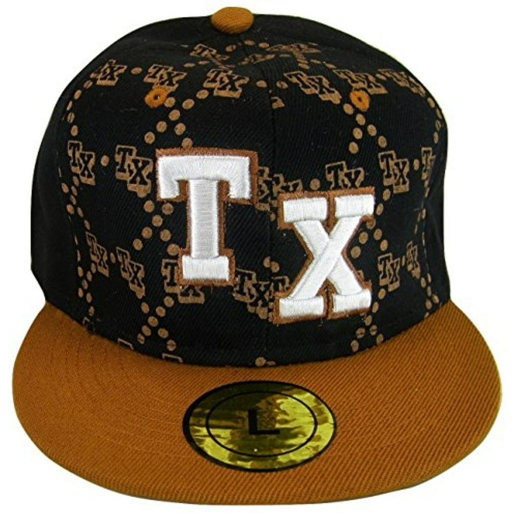 BVE Sports Novelties Texas Men's Fitted Flat Brim Baseball Caps (TX All Over Black/Orange