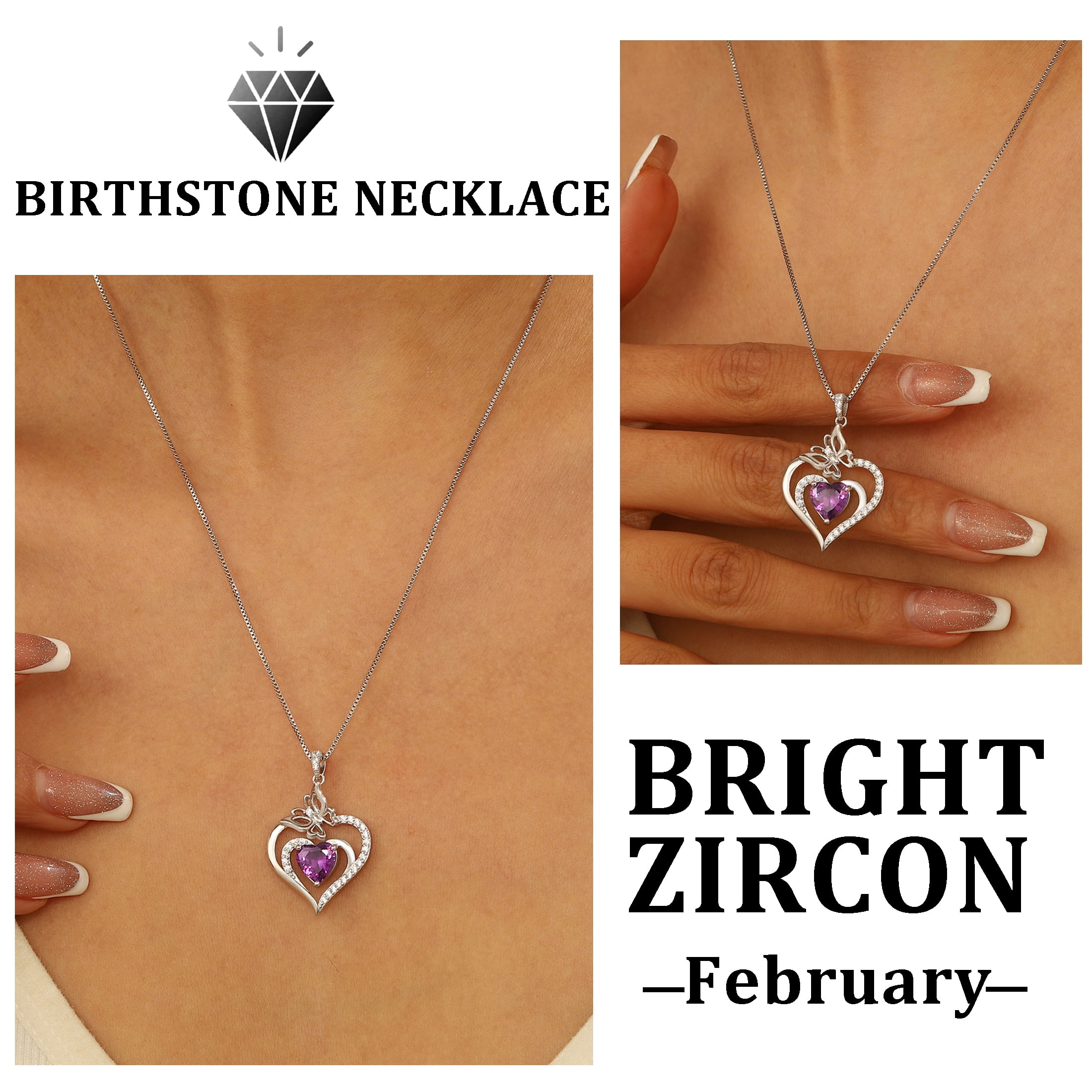 Beautlace 925 Sterling Silver Heart February Amethyst Birthstone Necklace,Butterfly Pendant Necklace Cute Animal Jewelry Birthday Christmas Valentines Gifts for Women