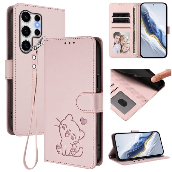 Wallet Leather Case For Samsung Galaxy S26 Ultra 5G 6.9",with Card Holder,wristband, Shockproof Kickstand Embossed Love Cat Phone Case,Pink,For Galaxy S26 Ultra 5G