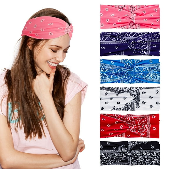 DISEN 6 Pack Bandana Headband for Women, Wide Stretch Floral Bandana Hair Bands, Non Slip Knot Boho Headband for Yoga, Workout, Running, Travel
