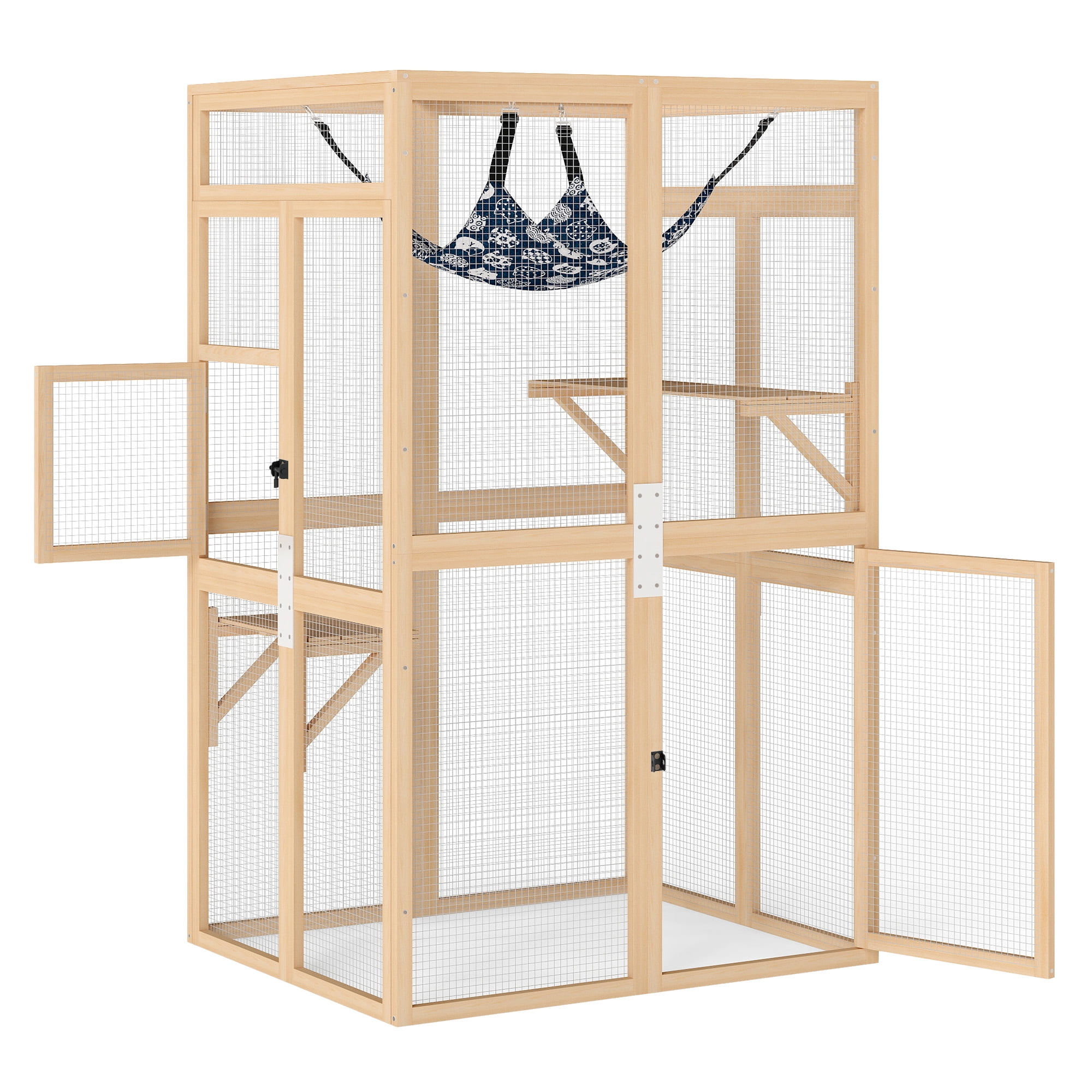 Wooden Cat Catio, Outdoor Cat Enclosure, Cat House with Platforms, Sunshine Board, Hammock, Door, Kitten Cage Condo,Burlywood