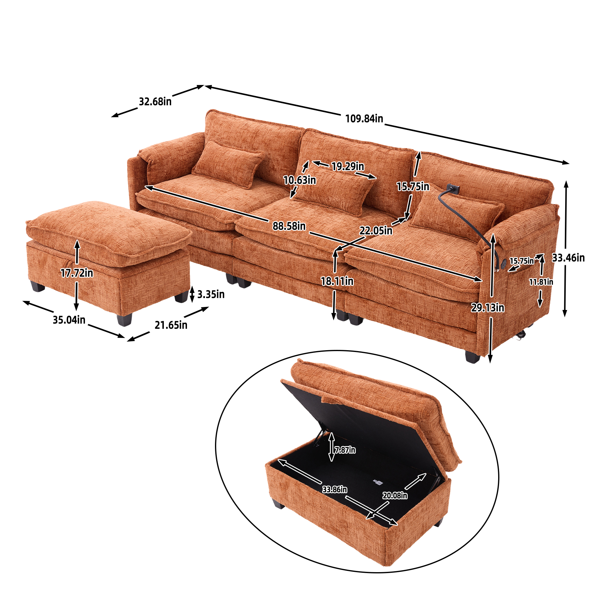 MOONMISS 112" Oversized Sectional Sofa Cloud Couch for Living Room, Modern Chenille L Shaped Couch, Comfy Boucle Modular Sofa Sleeper with Movable Storage Ottoman, Phone Holder, USB Charging Port