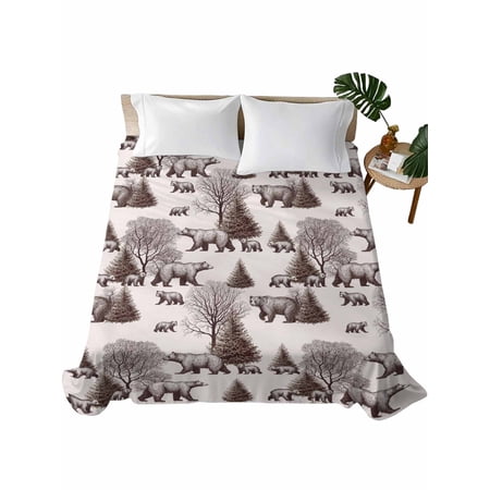 Queen Size Flat Sheet Only, Brown Bear Soft Brushed Microfiber Bed Sheets, Hunting Bear Forest Wildlife Animals Vintage Hotel Quality Breathable Bedding Top Sheet, Easy Care, 90"x102"