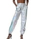 thumbnail image 2 of Pantalones de cintura alta para mujer, ropa informal de verano, pantalones metálicos, 2 of 3