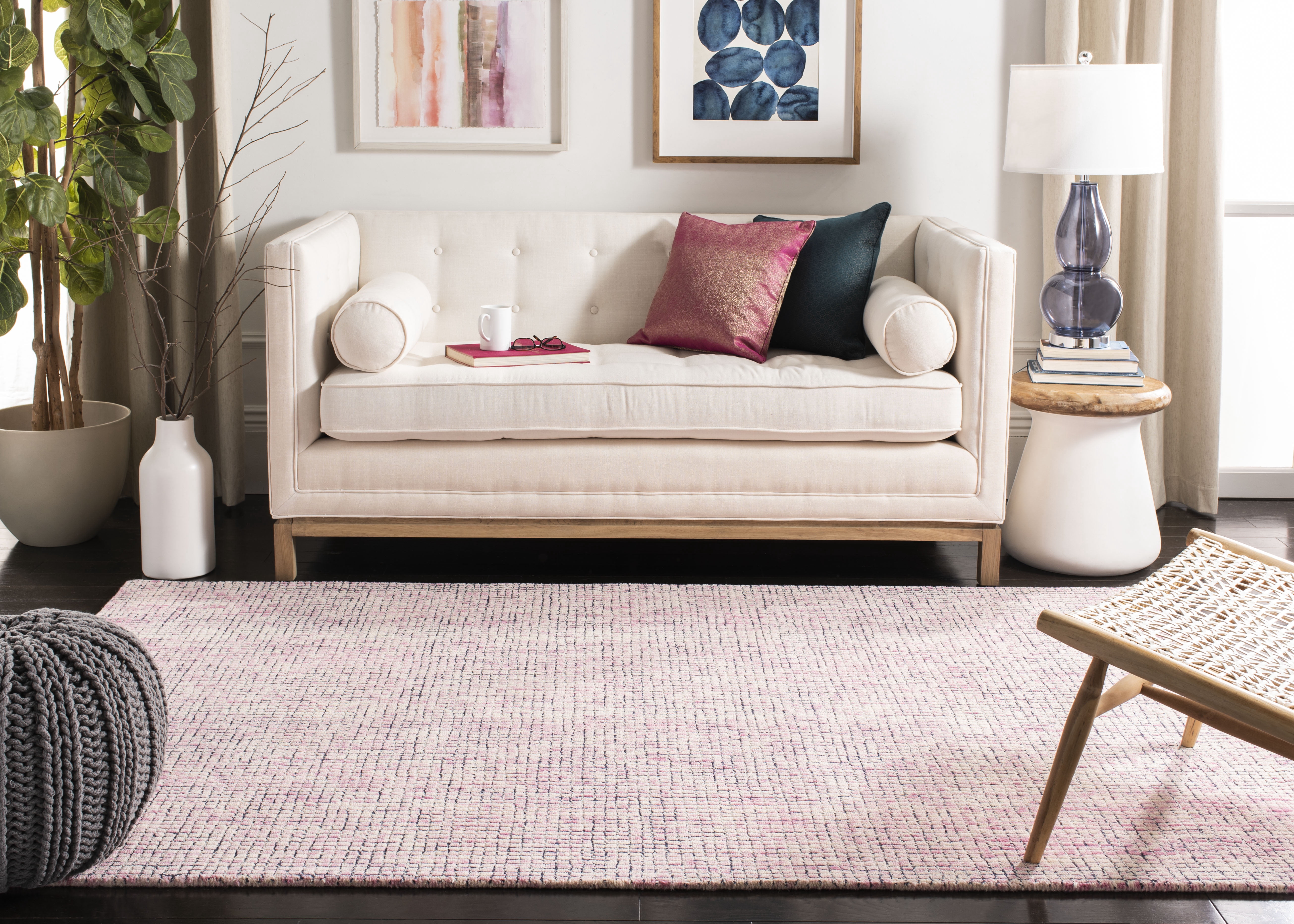 SAFAVIEH Abstract Devyn Geometric Wool Area Rug, Ivory/Pink, 6' x 6' Square
