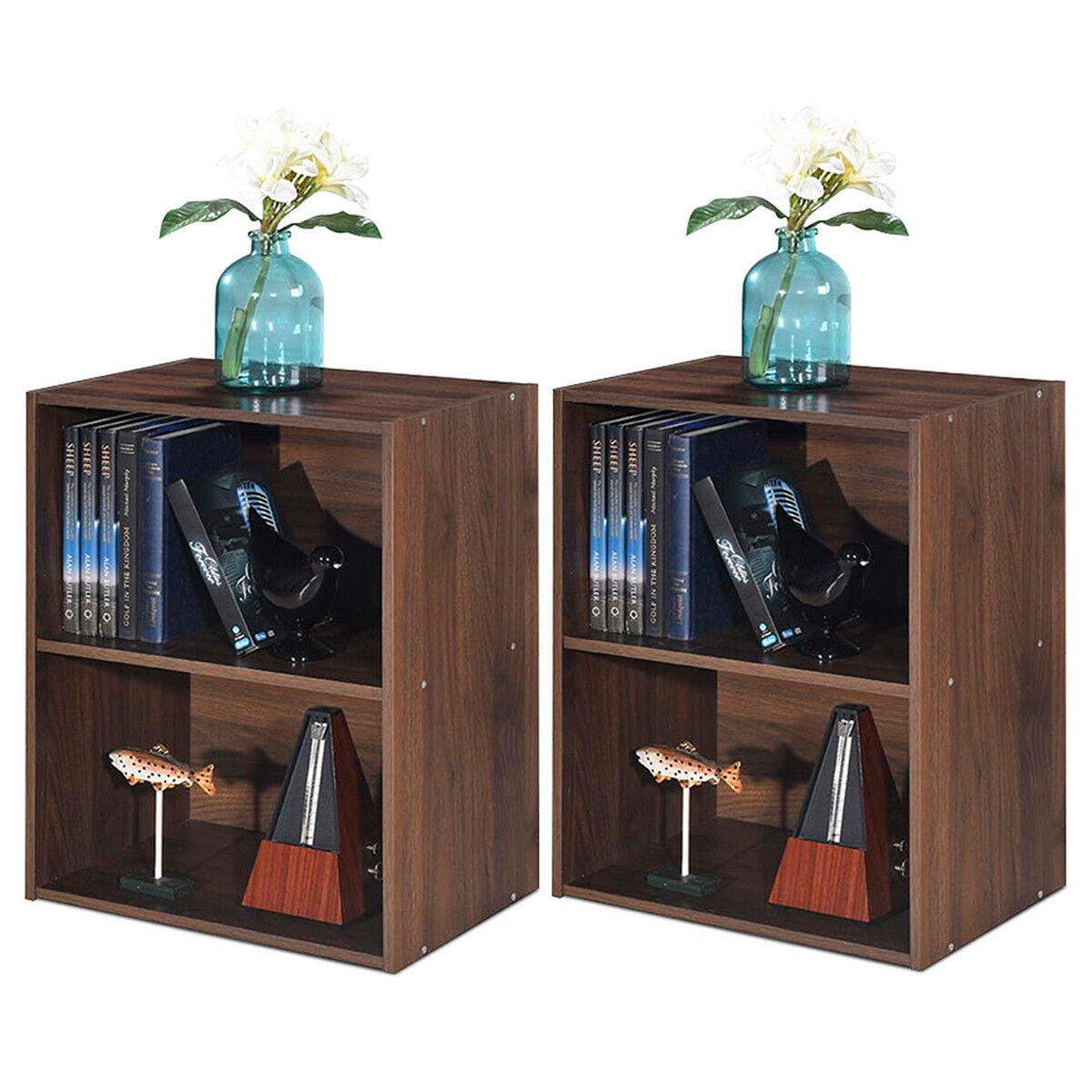 Gymax 2PCS 2 Tier Open Shelf Night Stand End Table Sofa Side Storage Display Walnut