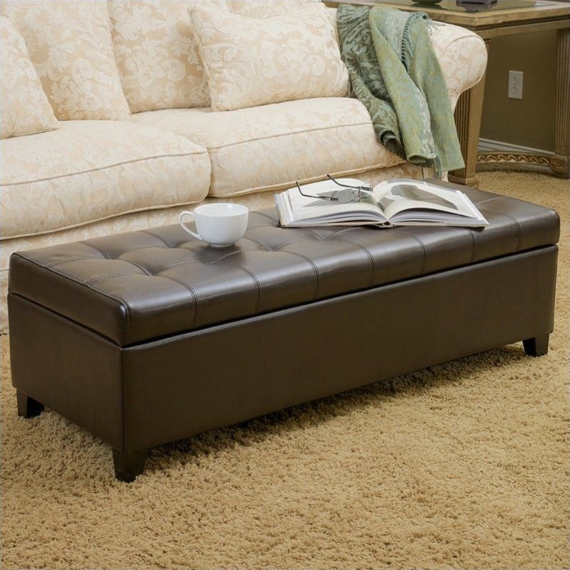 Noble House Guadaloupe Leather Ottoman, Leather Storage Ottoman Bench Tufted