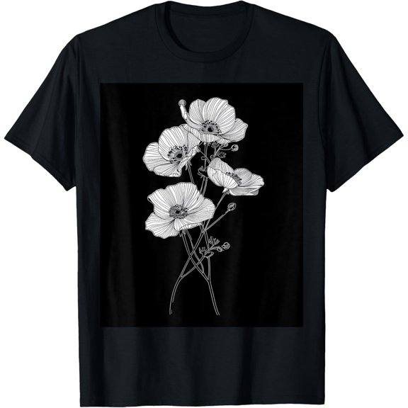 Monochrome Petals Minimalist Black & White Flowers T-ShirtMen and women, Black T-shirt, size: Extra large S-4XL