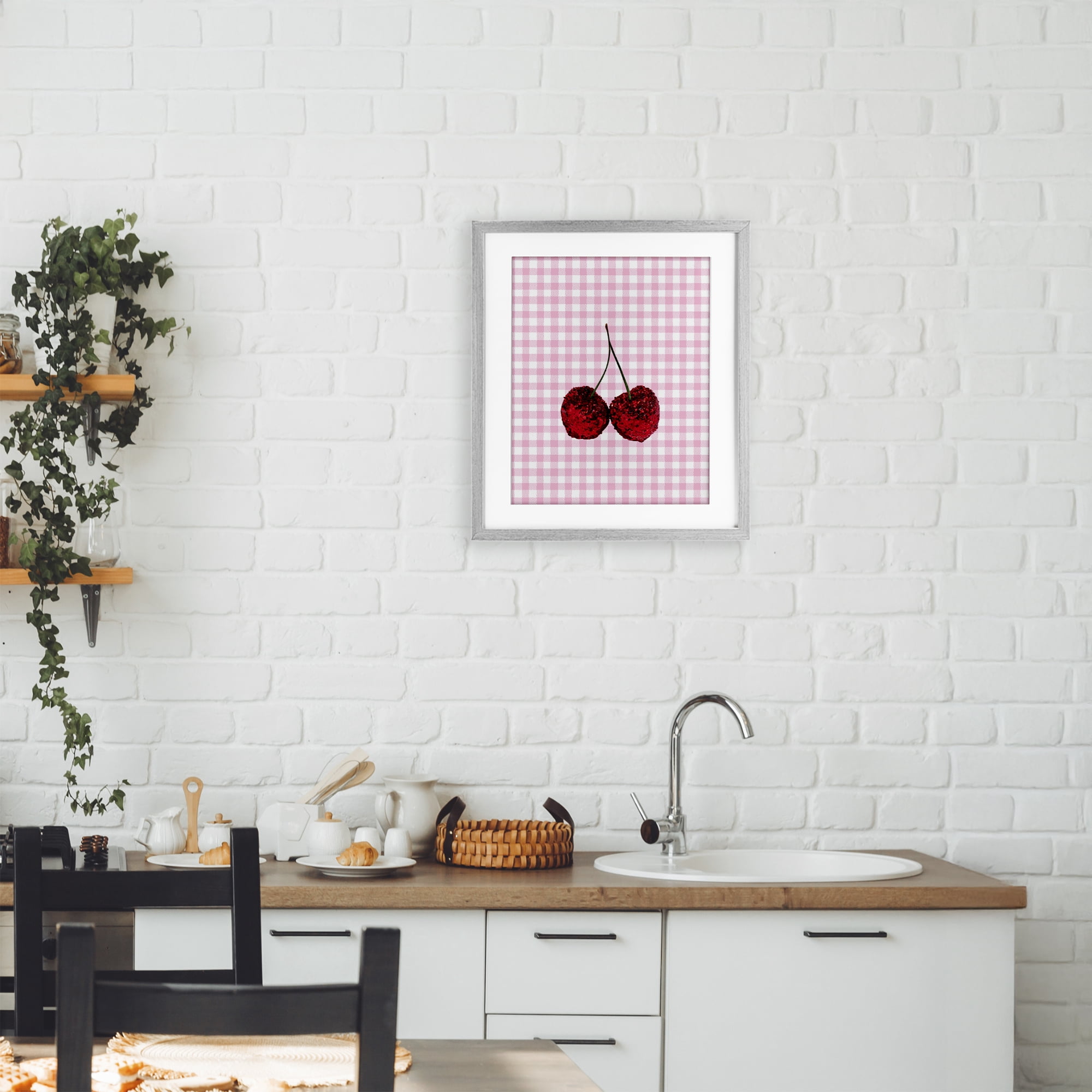 Stupell Industries Glitter Cherry on Pink Gingham Gray Framed Print Under Glass, design by LISH Creative