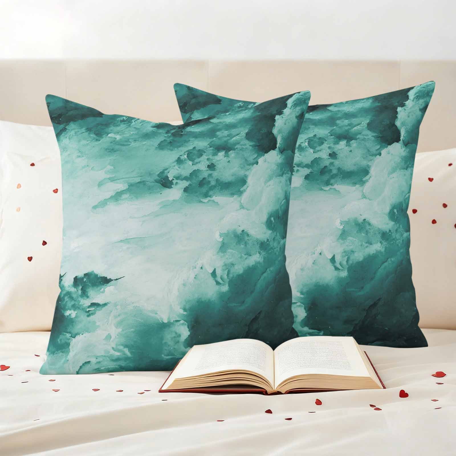 Teal Green Ombre Clouds Outdoor Waterproof Pillow Covers, Modern Abstract Gradient Cloud Decorative Square Throw Pillowcase Sofa Cushion Sham for Patio/Couch/Chair, 26"x26" 2 Pack