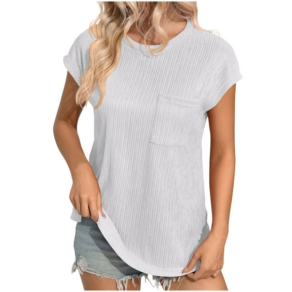 cfhntfmh Women Lounge Tops Baggy Short Sleeve Crewneck Tops Ribbed Summer Beach Comfy Solid Color Basic T-Shirts