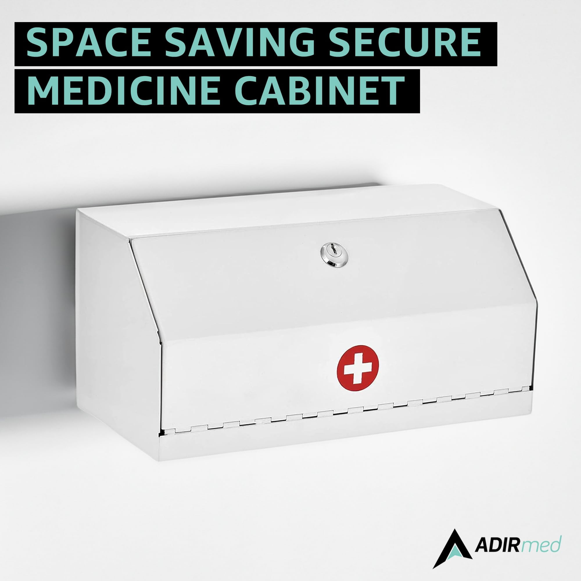 AdirMed Locking Medicine Box, First Aid Steel Lock Box for Medication, Wall Mounted Medicine Lock Box with Key, 6"D x 12.25"W x 5.9"H