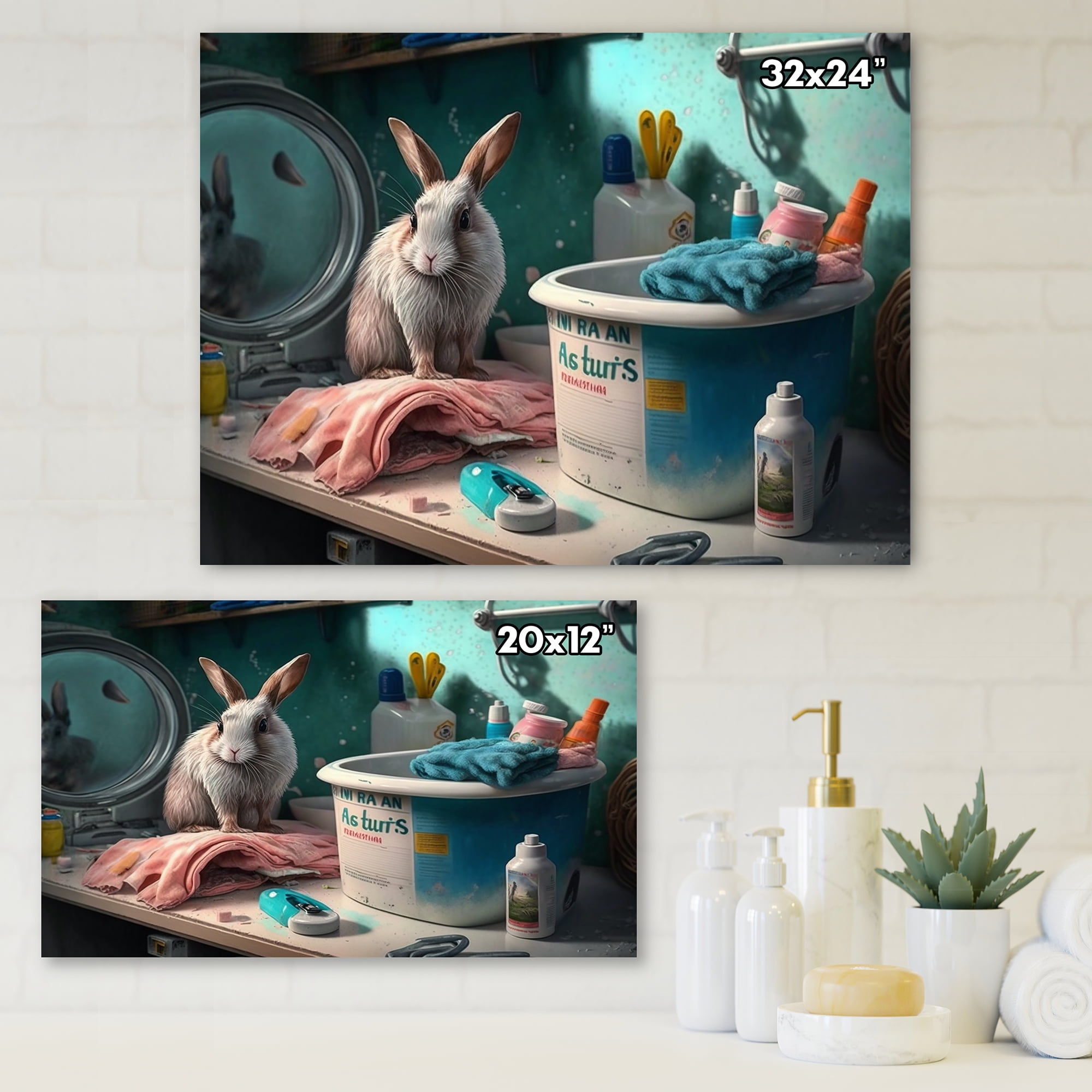 Designart Funny Rabbit Doing Laundry IV Canvas Wall Art
