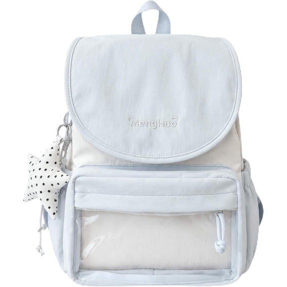 Sunyuer Women Kawaii Flap Ita Backpack, Large Capacity Clear Front Pocket Backpack with Star Charm, Lightweight Nylon Casual Daypack for School Travel