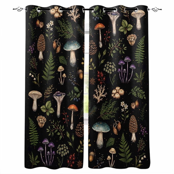 Mushroom Leaves Blackout Curtains Light Blocking Print Window Curtains, Black Country Botanical Berry Flowers Thermal Insulated Window Drapes for Living Room Kitchen Cafe (2 Panels, 84"W x 84"L)