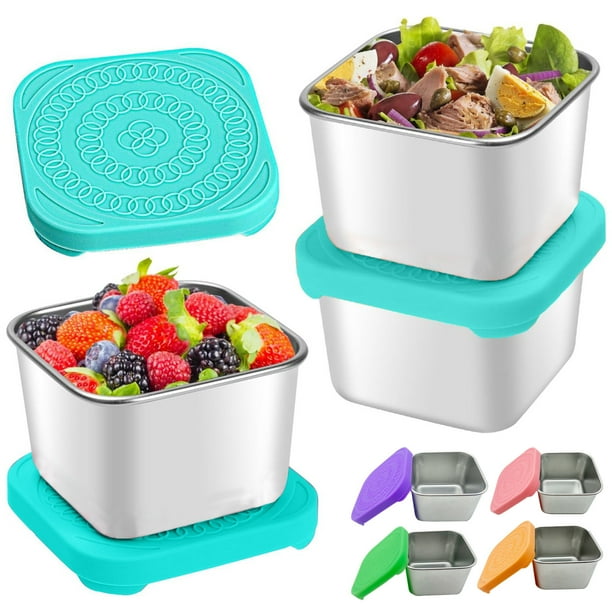 Cajas reutilizables de snacks de 6 oz para snacks de 3 paquetes de acero inoxidable con tapas de silicona, impermeables de 6 oz para viajes a la oficina y empaquetado de almuerzos
