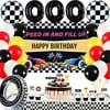 Race Car Birthday Party Supplies Decorations, 24 Balloons, Cloth Happy Birthday Backdrop, Tyre Swim Ring, Tube Balloons, Checkered Balloons, Cake Toppers, Racing Cars Boys Kids Birthday Party Dec