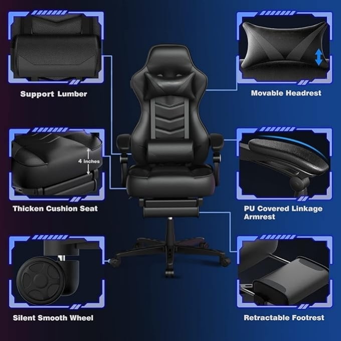 PULUOMIS Gaming Chair with Footrest Ergonomic Office Chair with Arms for Adults Kids, Black