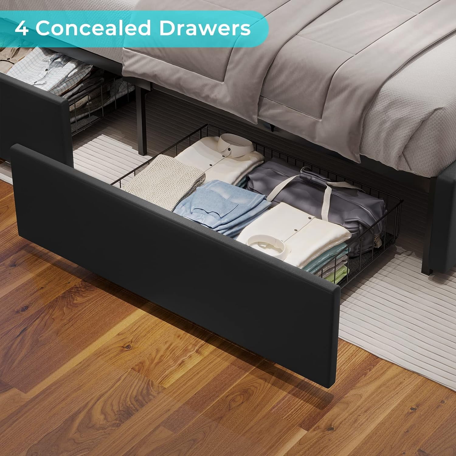 Full Bed Frame with LED Headboard Modern Upholstered Platform Bed Frame with 4 Storage Drawers & USB and Type-C Ports,Faux Leather Bed Frame for Bedroom,Black