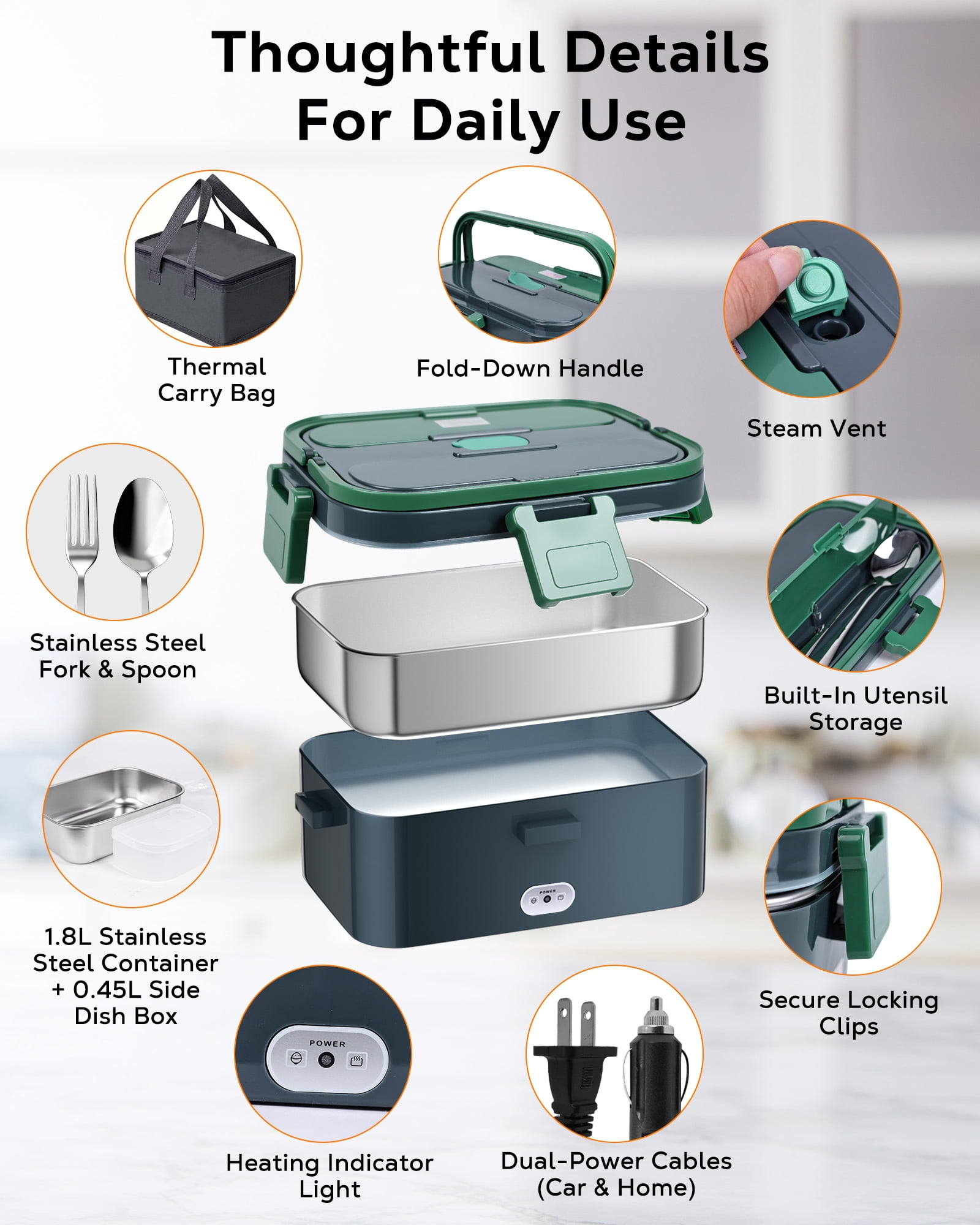 Riousery Electric Lunch Box 1.8L, 60W Portable Food Heater for Car/Truck and Home, Stainless Steel with Fruit Box, Gray Green